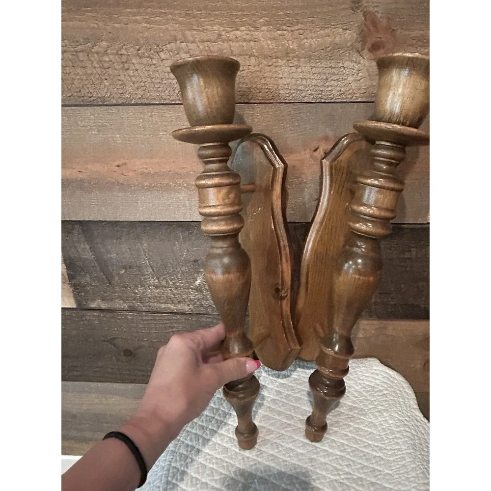 Vintage 60's Pair of Turned Wood Wall Hanging Candle Holders 16